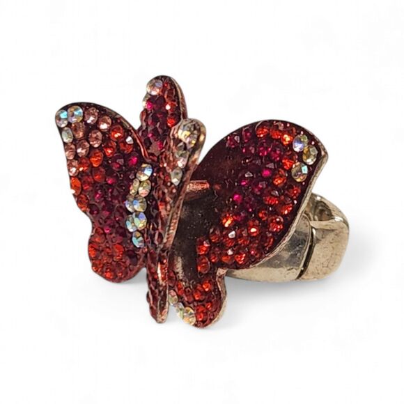 Vintage Butterfly Statement Ring, Red-Orange Rhinestone, Silver Adjustable Band - Picture 3 of 8